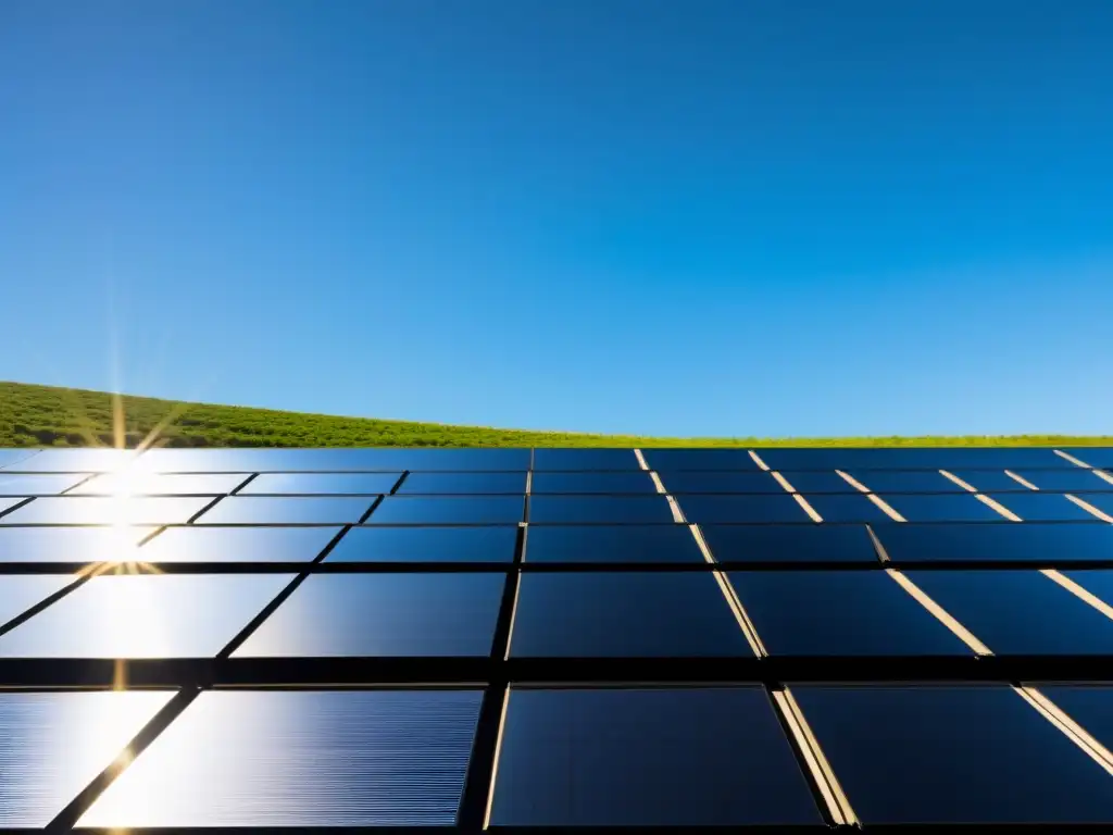 Una impresionante vista en primer plano de una elegante matriz de paneles solares negros, reflejando el paisaje circundante