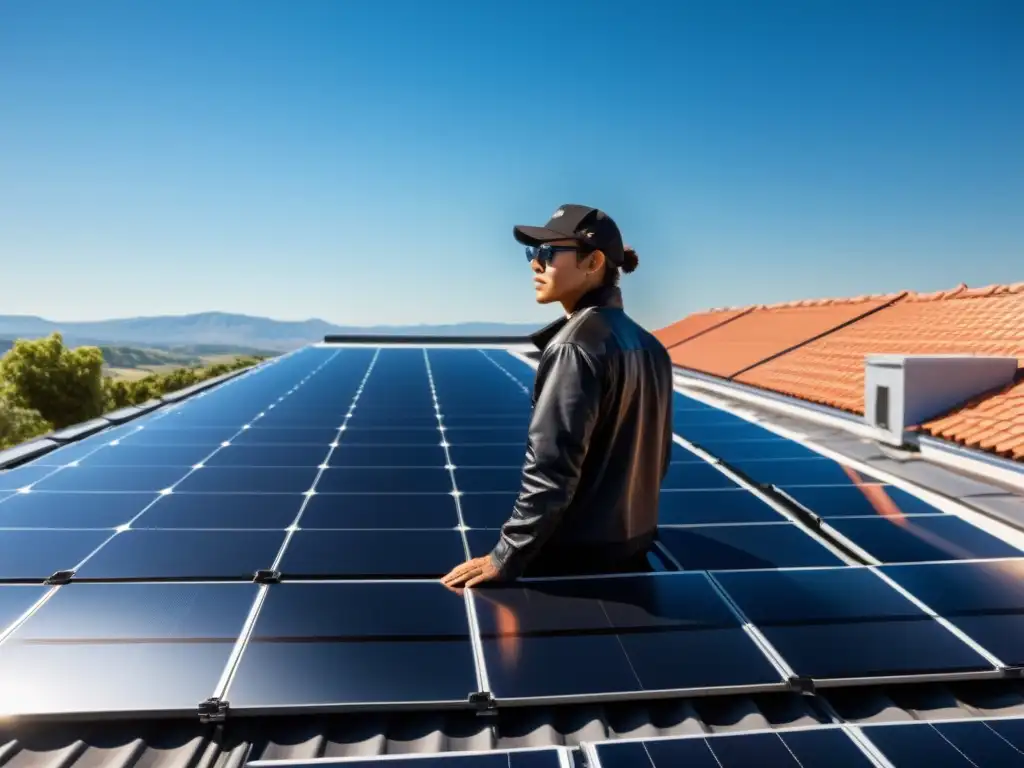 Incentivos gubernamentales para la instalación de paneles solares en un tejado negro con paneles brillantes bajo el sol y cielo azul claro