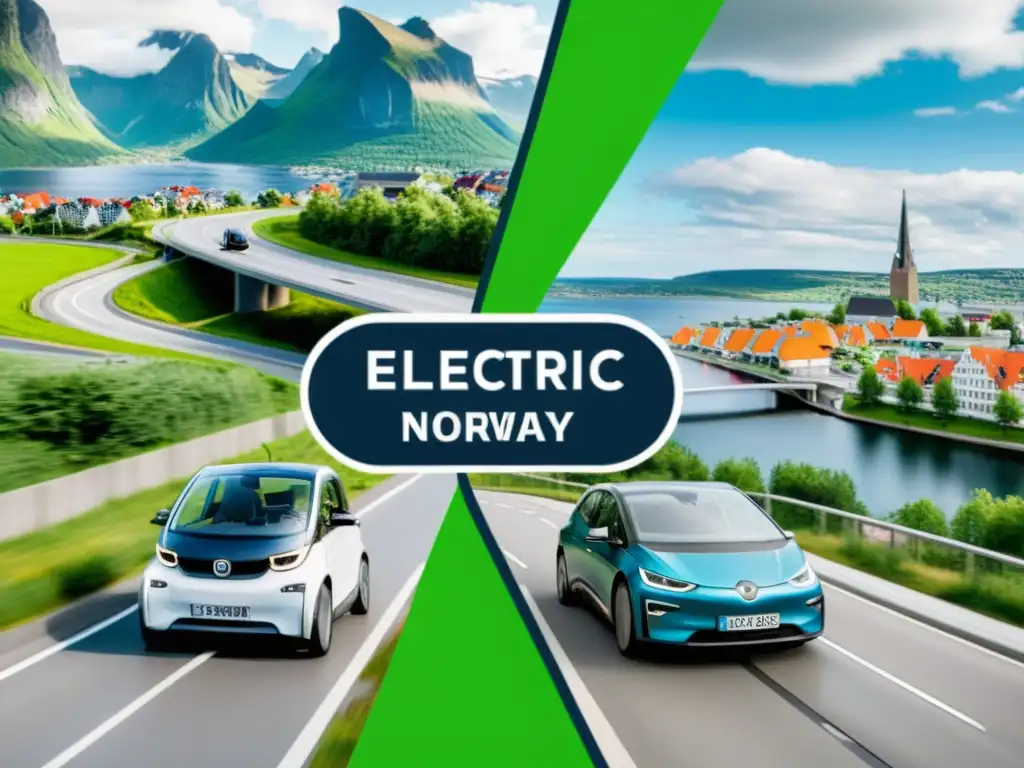 Comparación de incentivos para vehículos eléctricos en Noruega y Países Bajos, con paisajes urbanos ecoamigables y modernos