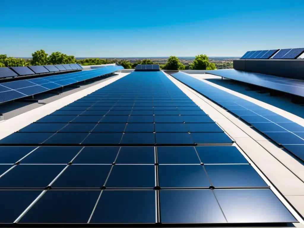 Increíble instalación de paneles solares en un moderno techo residencial, simetría y elegancia bajo un cielo azul