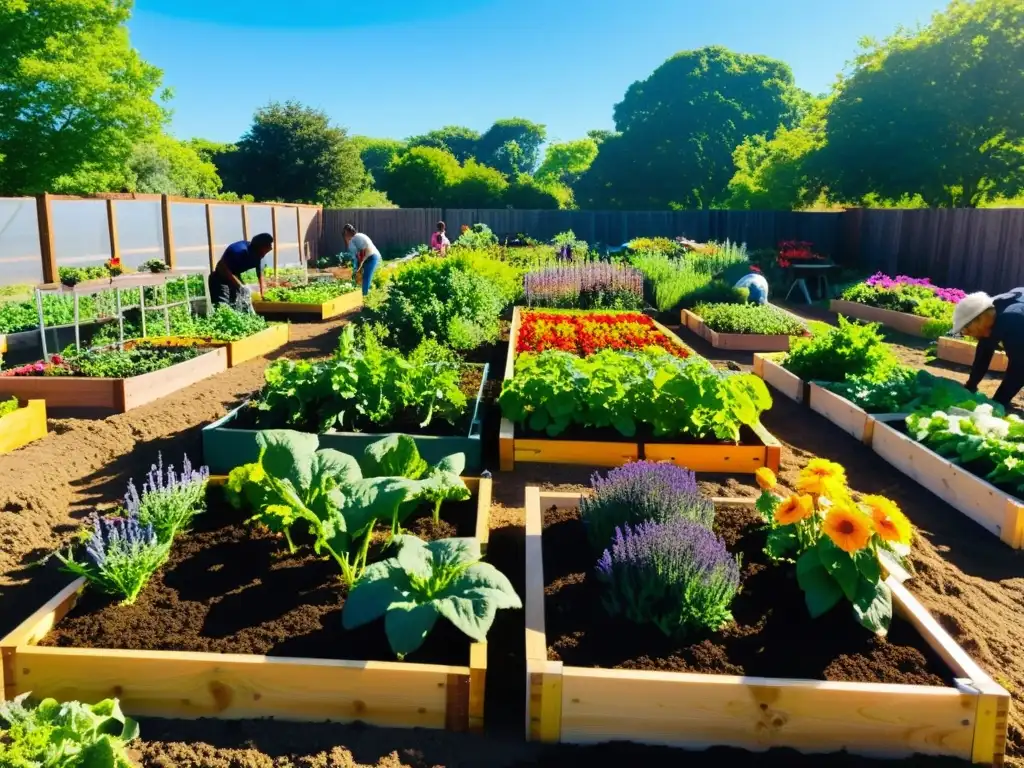 Iniciativas comunitarias energía sostenible en un jardín comunitario vibrante con flores y verduras coloridas, donde la comunidad cuida en armonía