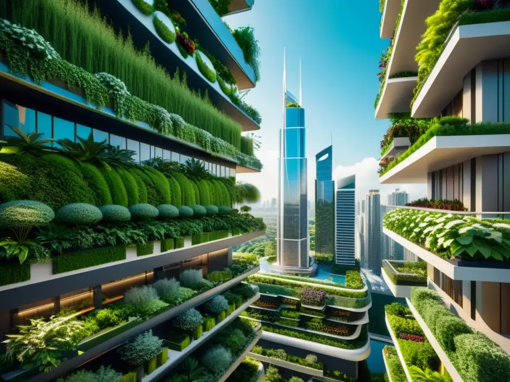 Iniciativas legales jardines verticales urbanos: Futurista paisaje urbano con rascacielos y jardines verticales integrados en la arquitectura moderna