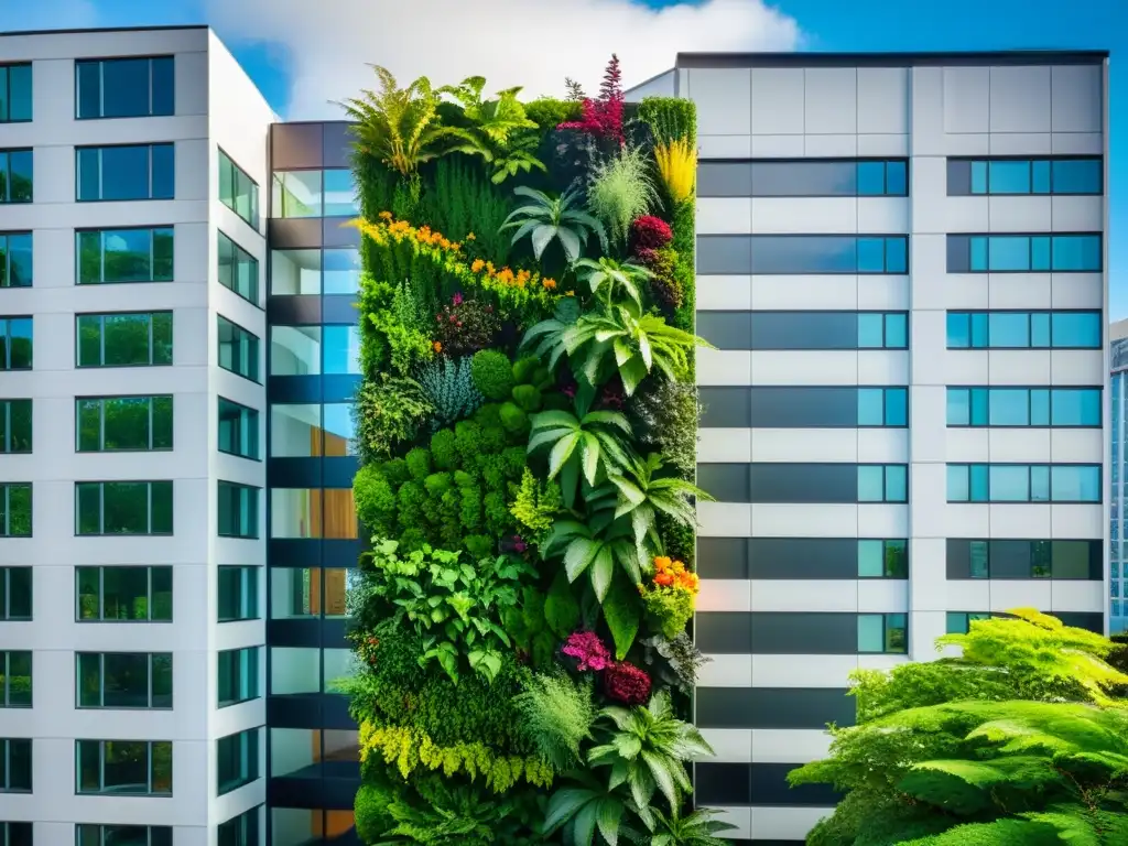 Iniciativas legales jardines verticales urbanos: Un exuberante jardín vertical en un edificio urbano