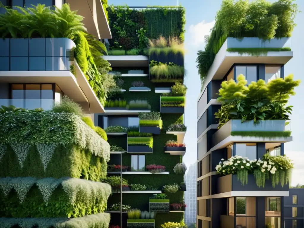 Iniciativas legales jardines verticales urbanos: Un moderno paisaje urbano con un impresionante jardín vertical integrado en la arquitectura, creando armonía entre naturaleza y ciudad