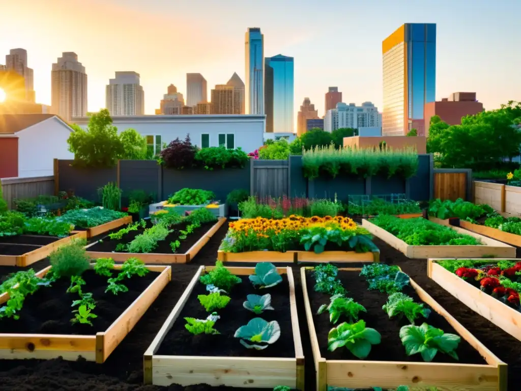 Iniciativas vecinales sostenibles para el cambio climático: comunidad diversa cuidando un jardín urbano al atardecer, entre edificios modernos y la ciudad al fondo