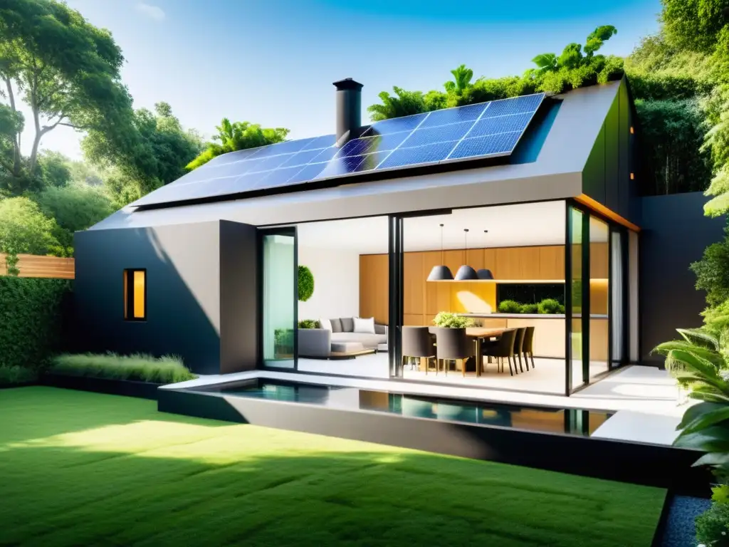 Innovaciones domésticas sostenibles para combatir el cambio climático: una casa moderna y eficiente con paneles solares, sistema de recolección de agua y jardín vertical, rodeada de exuberante vegetación, integrando tecnologías sostenibles en espacios cotidianos