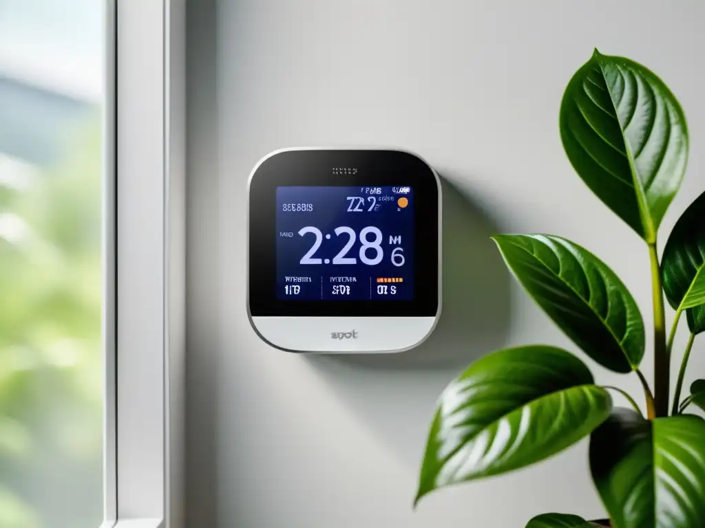 Innovaciones domésticas sostenibles para combatir el cambio climático: Termostato inteligente en pared blanca con plantas y luz natural