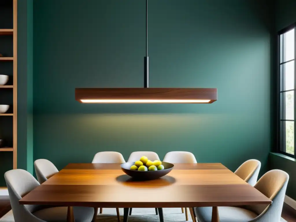 Innovaciones de iluminación eficiente en un hogar sostenible, con una elegante lámpara LED sobre una mesa de comedor de madera