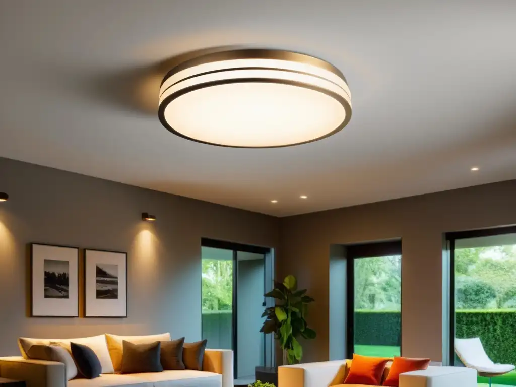 Innovaciones en iluminación eficiente para un hogar sostenible con moderna lámpara de techo LED, proyectando luz cálida en un salón contemporáneo