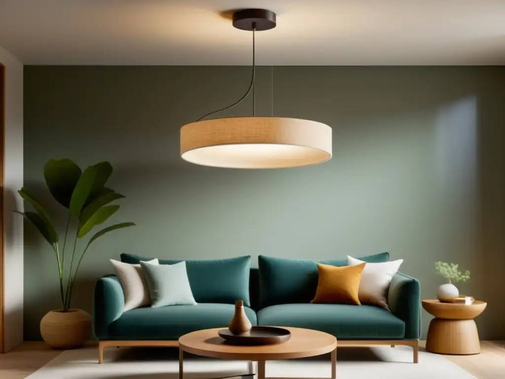 Innovaciones en iluminación eficiente para un hogar sostenible: ambiente sereno con luz cálida sobre mobiliario ecológico en sala moderna