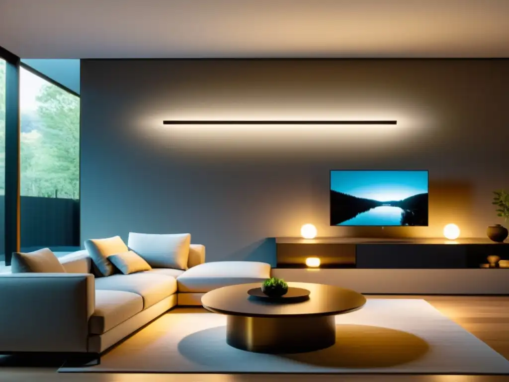 Innovaciones iluminación eficiente hogar sostenible: Sistema de iluminación inteligente y minimalista en una moderna sala, creando un ambiente acogedor y sostenible