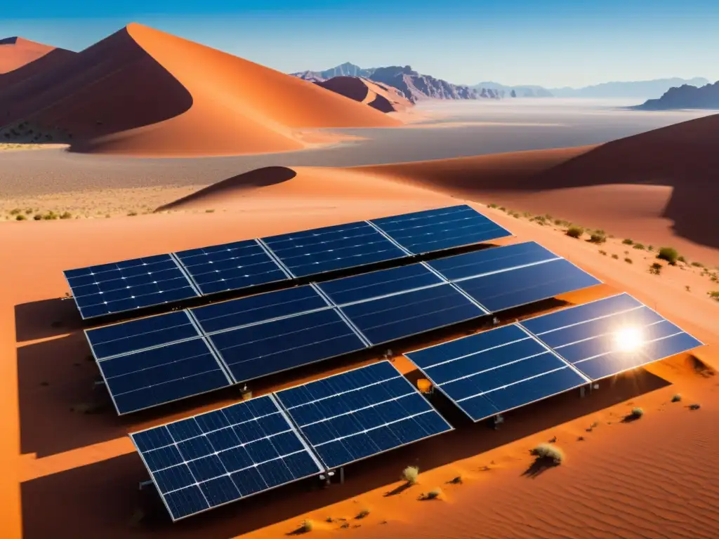 Innovaciones energía solar sostenible: panorámica del desierto con paneles solares y cielo azul brillante