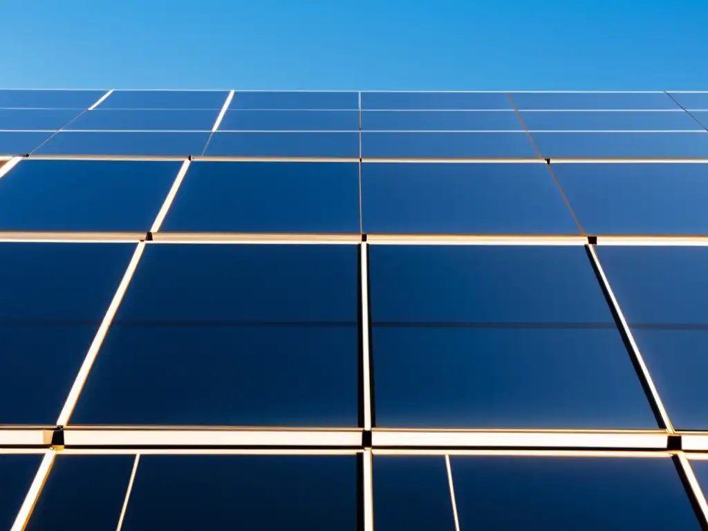 Innovaciones energía solar sostenible: un conjunto de paneles solares futuristas y pulidos en un patrón geométrico, bajo un cielo azul claro