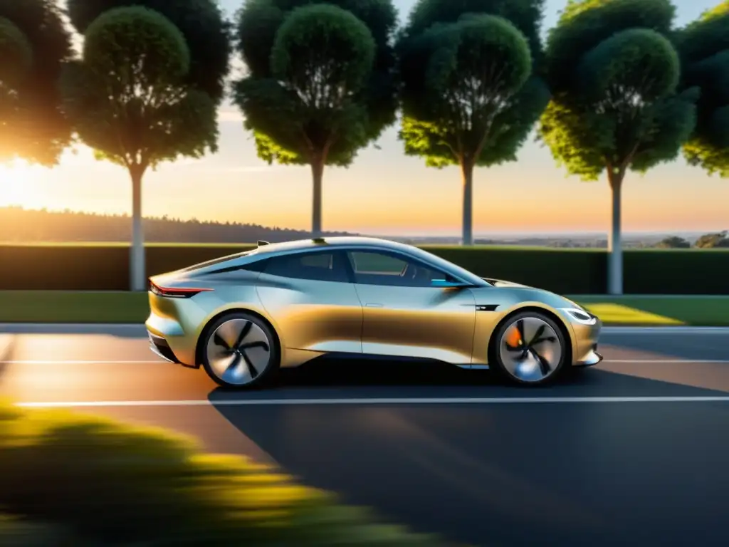 Innovaciones en movilidad eléctrica sostenible: Un auto eléctrico de diseño futurista se desliza en un camino arbolado al atardecer, fusionando tecnología y naturaleza