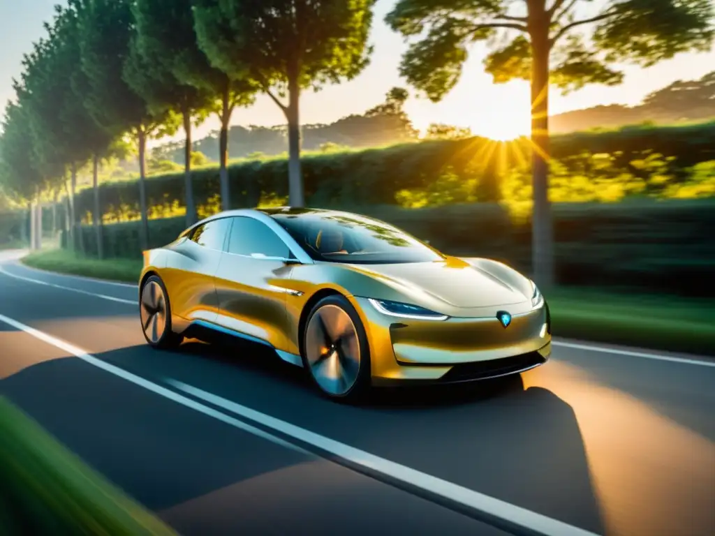 Innovaciones en movilidad eléctrica sostenible: un automóvil eléctrico de diseño aerodinámico deslizándose en una carretera arbolada, con el sol poniéndose en el fondo, creando un cálido resplandor dorado sobre la escena