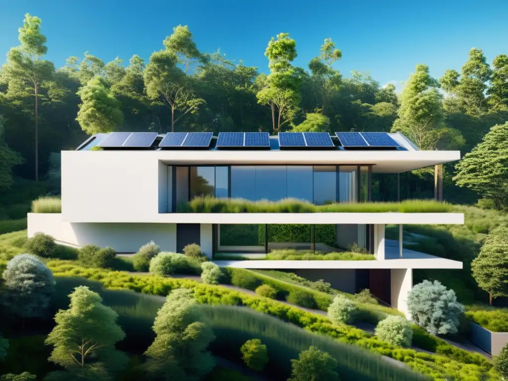 Innovaciones tecnológicas arquitectura sostenible: Edificio sostenible con paneles solares, techos verdes y diseño minimalista rodeado de naturaleza