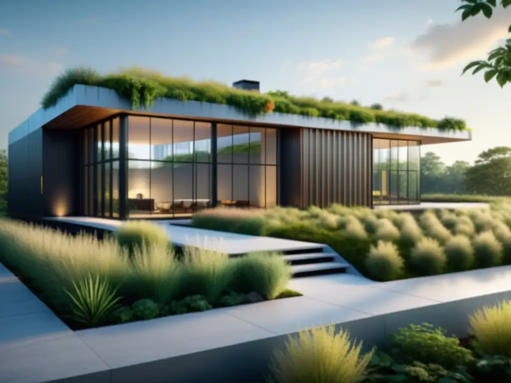 Innovaciones tecnológicas en arquitectura sostenible: edificio ecotécnico minimalista con líneas geométricas, grandes ventanas y techo verde con plantas nativas, integrado con el entorno