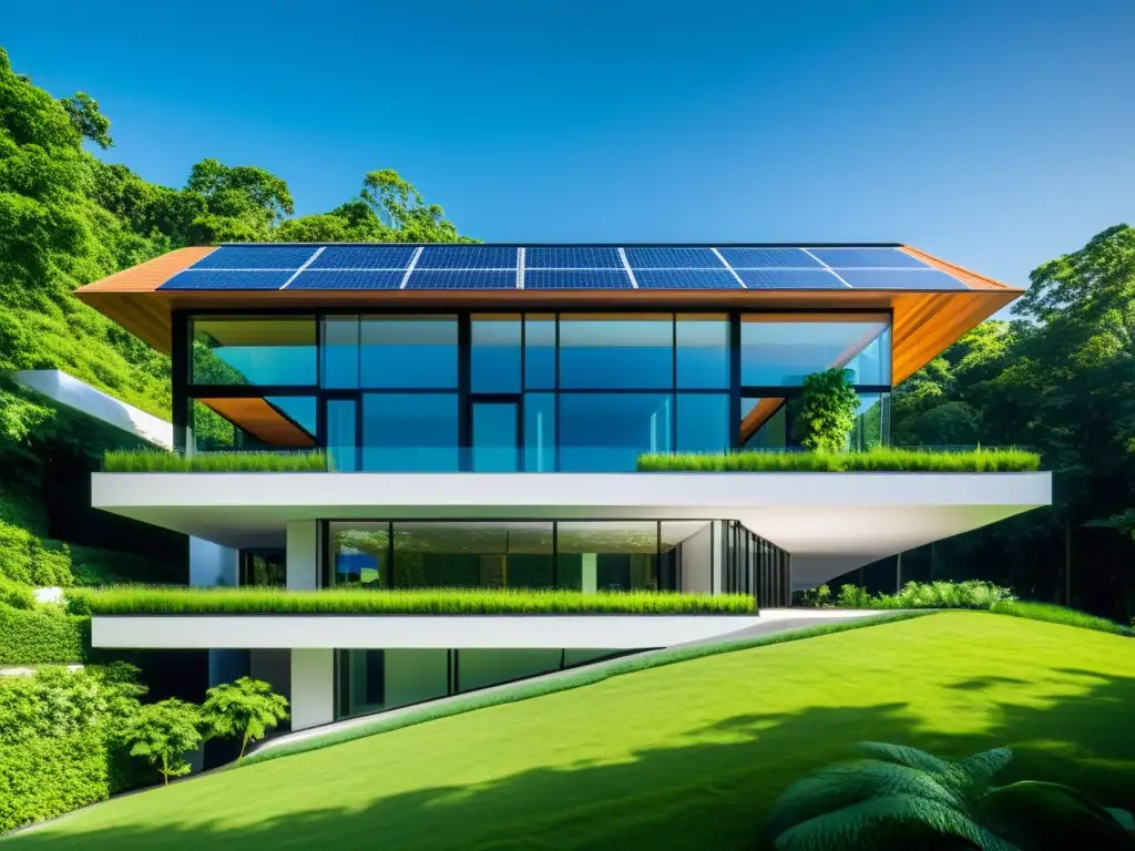 Innovaciones tecnológicas en arquitectura sostenible: Edificio ecológico con paneles solares y diseño minimalista rodeado de vegetación moderna