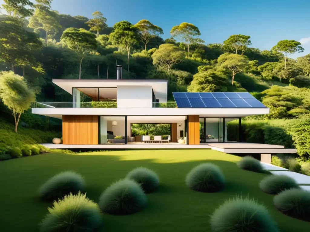 Innovaciones tecnológicas bioenergía hogar sostenible: Casa moderna con paneles solares, rodeada de naturaleza, integrando tecnología y medio ambiente