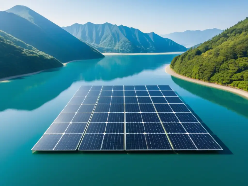 Parque solar flotante en Japón: innovación y armonía Un innovador parque solar flotante en Japón, con paneles minimalistas reflejando montañas y cielo en el sereno lago