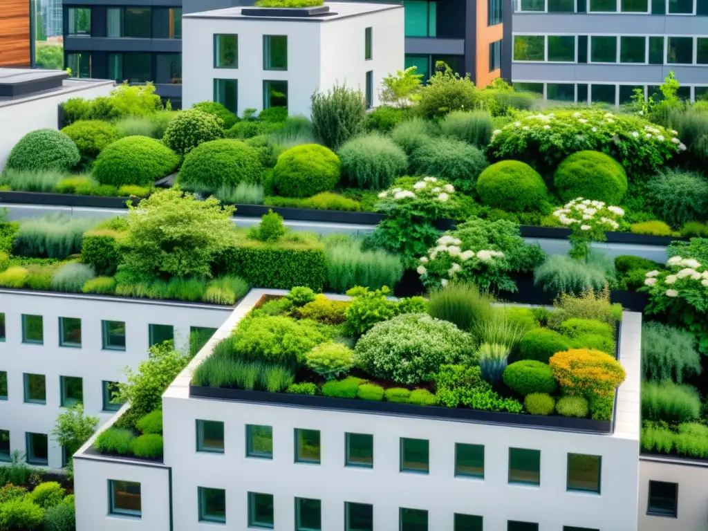 Inspiradora vista aérea de una ciudad moderna con techos verdes sostenibles que integran armoniosamente la naturaleza en el entorno urbano