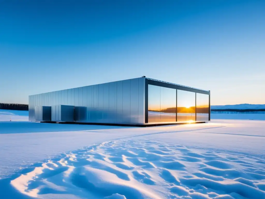 Una instalación de almacenamiento de energía futurista se destaca en un paisaje nevado, irradiando eficiencia e innovación en climas fríos