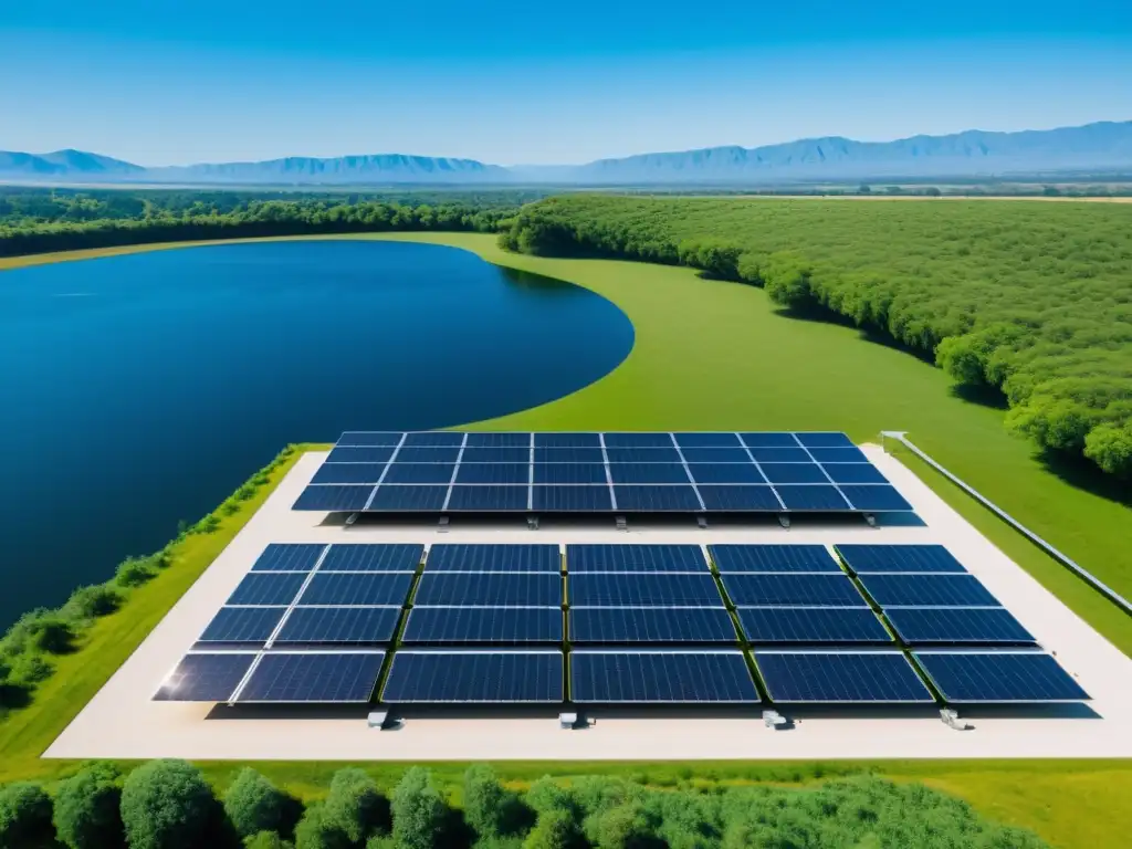 Instalación de almacenamiento de energía solar integrada en la naturaleza, resaltando el impacto ambiental de la energía sostenible