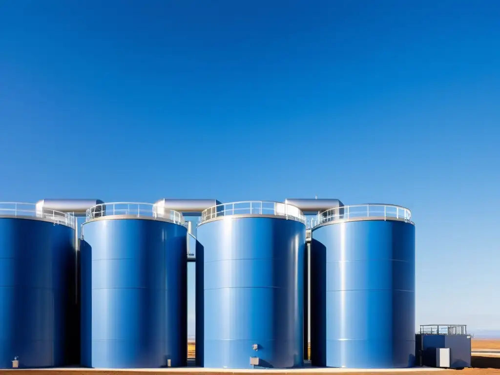 Instalación de almacenamiento térmico moderna y minimalista, con tanques cilíndricos y tuberías, en un cielo azul limpio