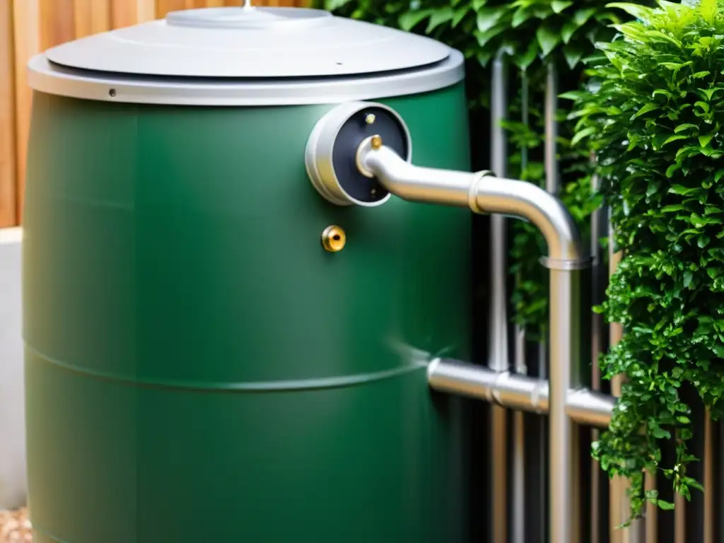 Una instalación de barriles de lluvia moderna y eficiente capturando agua de un desagüe, con tuberías entrelazadas y vegetación exuberante