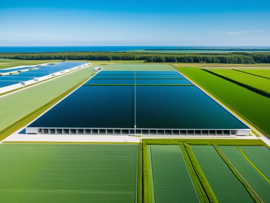 Una instalación de bioenergía de algas sostenible, con granjas verdes que se extienden hasta el horizonte bajo un cielo azul claro