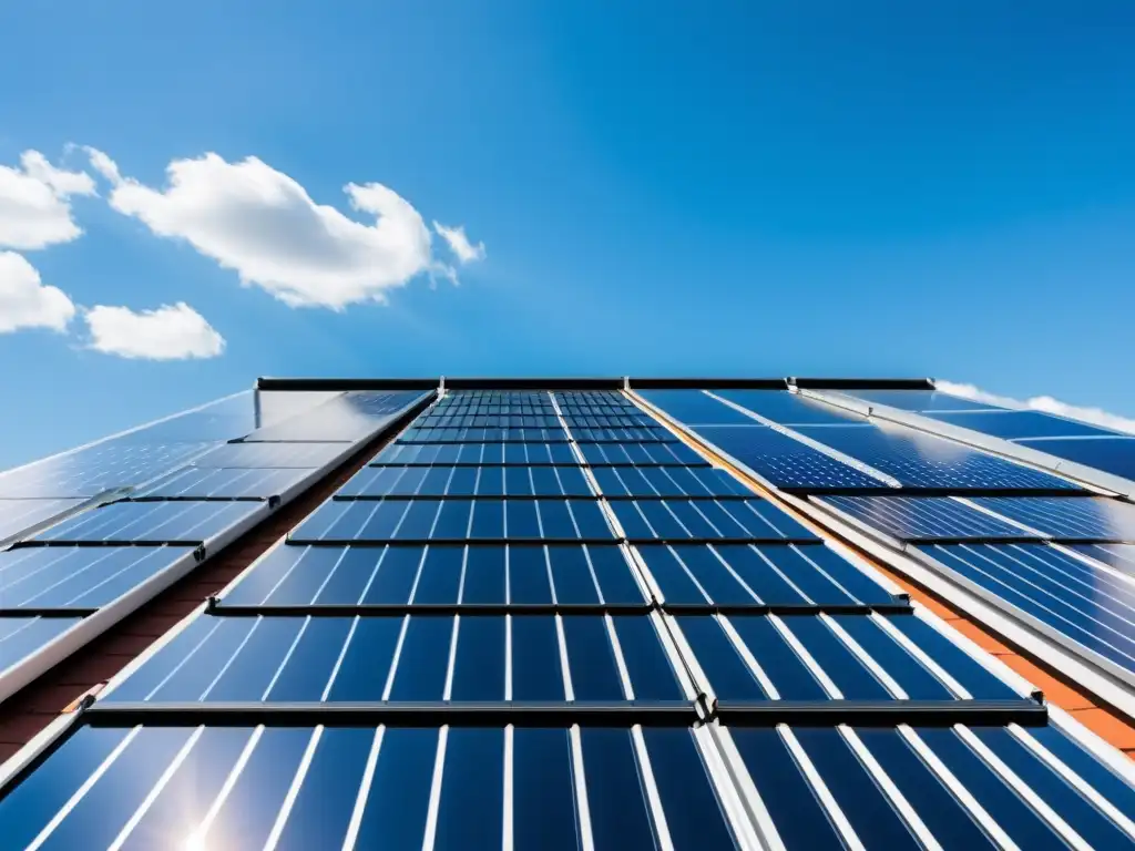 Instalación de colectores solares de tubo vacío en edificio moderno, captando energía solar con un brillo iridiscente en el cielo azul claro