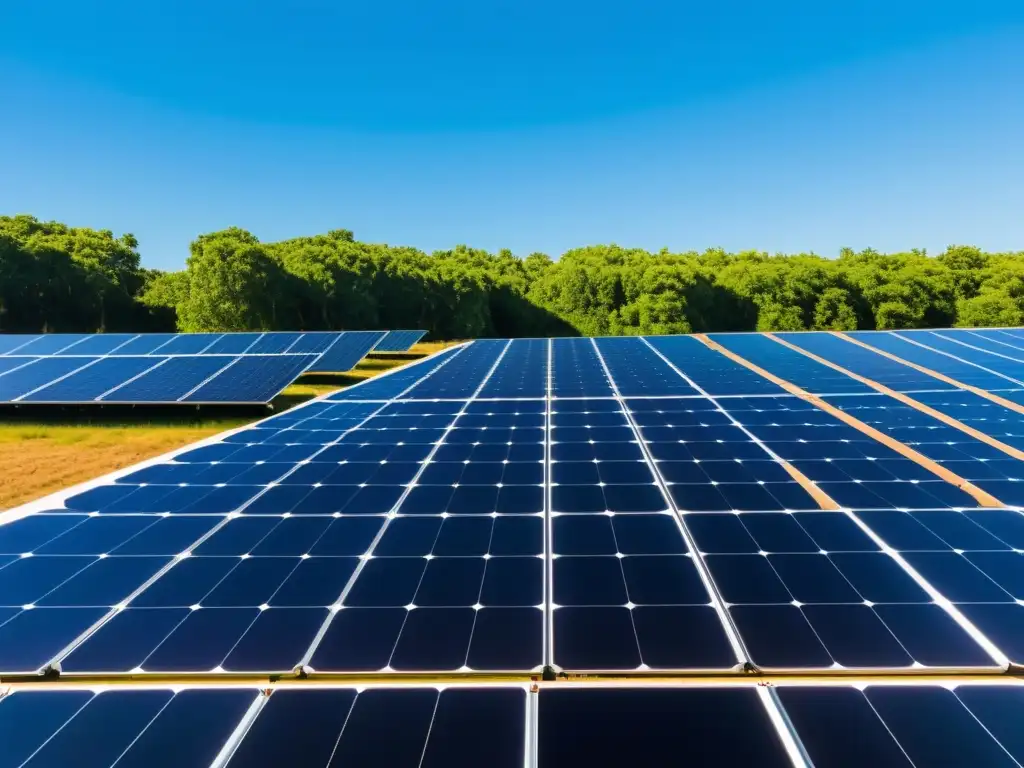 Una instalación comunitaria de paneles solares bajo un cielo azul claro, bañada por la cálida luz del sol