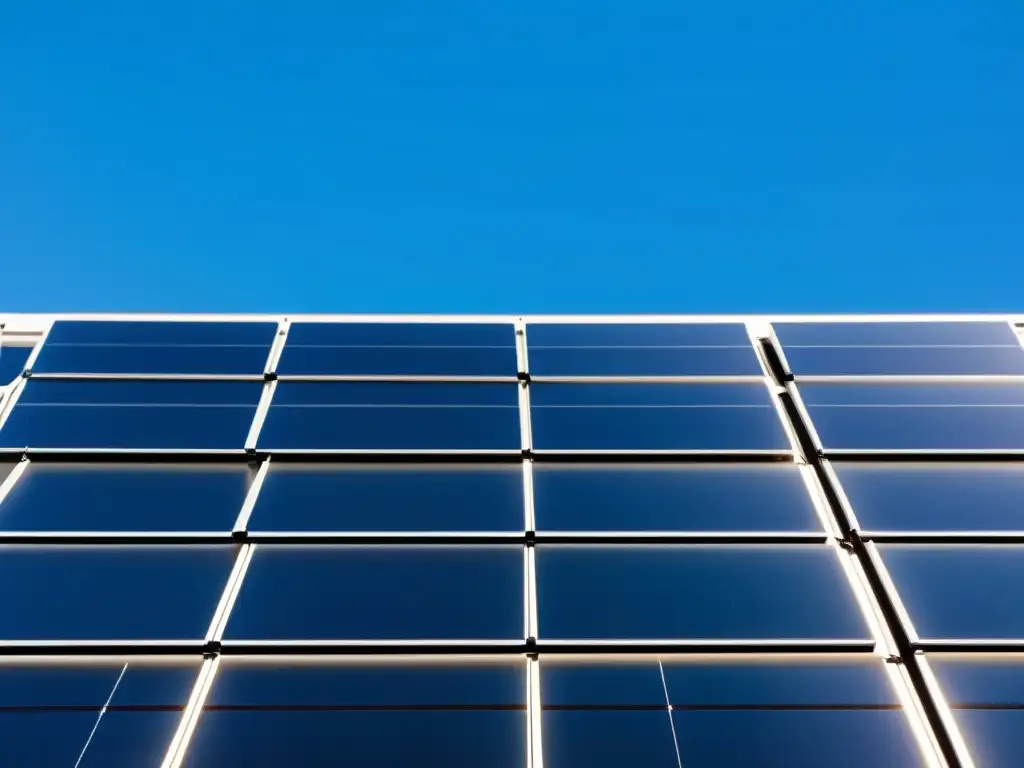 Una instalación moderna de paneles solares, con patrón geométrico y líneas limpias, brilla bajo un cielo azul