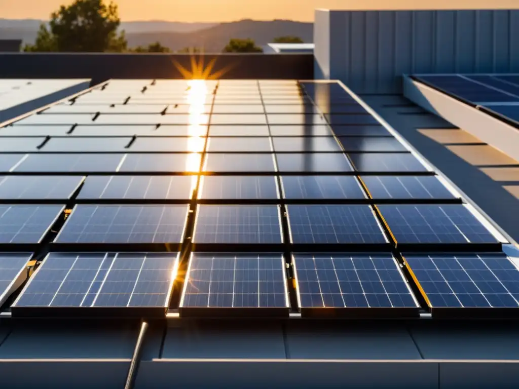 Una instalación moderna de paneles solares en un techo plano, bañada por la cálida luz del sol