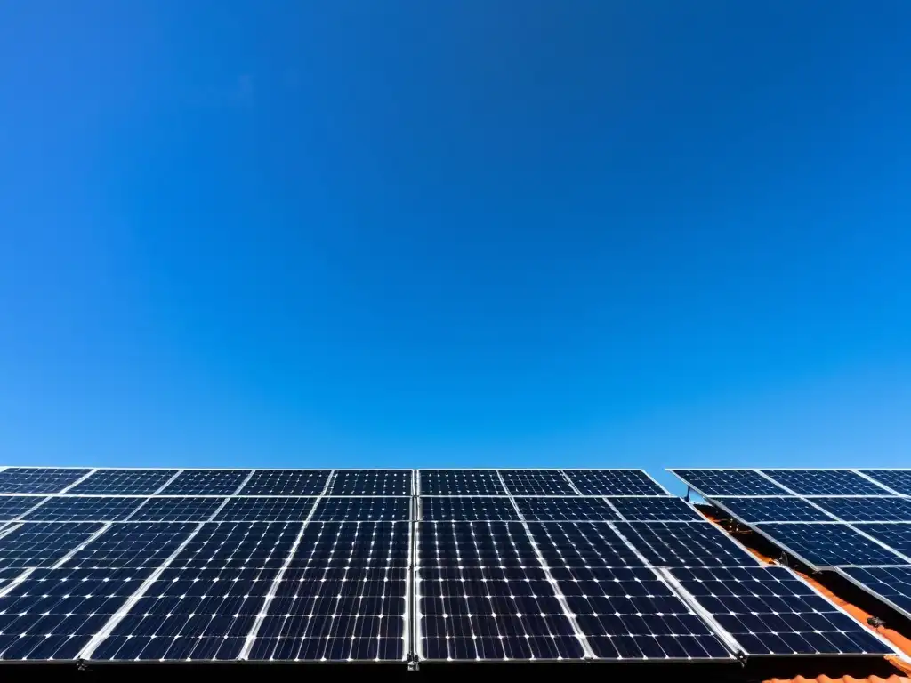 Una instalación moderna de paneles solares, con paneles negros y cielo azul claro