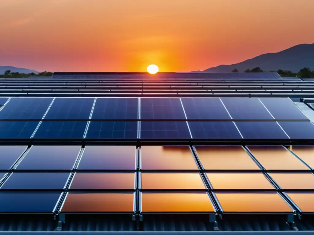 Instalación de paneles solares con almacenamiento térmico, combinando innovación tecnológica y armonía ambiental en el atardecer