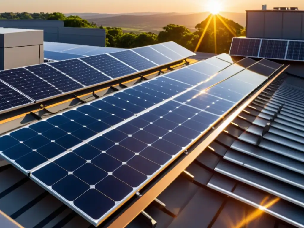 Instalación de paneles solares de alta tecnología en un techo, bañados por la cálida luz del sol