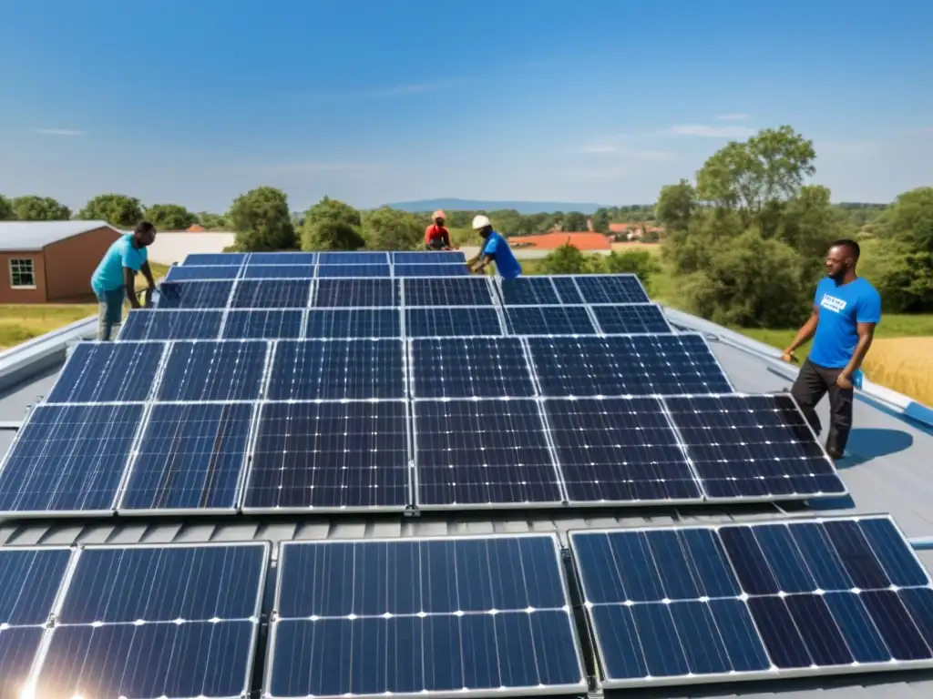 Instalación de paneles solares en centro comunitario, reflejando impulso energía solar comunidades sostenibles