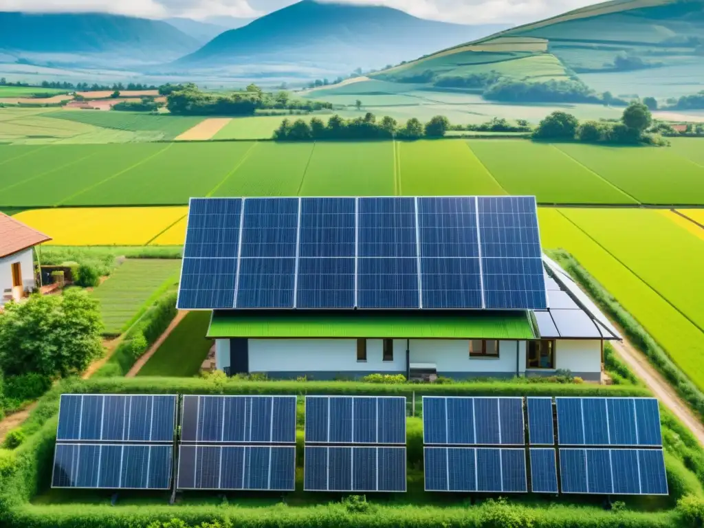 Una instalación de paneles solares en una comunidad rural, con campos verdes y techos de casas integrados