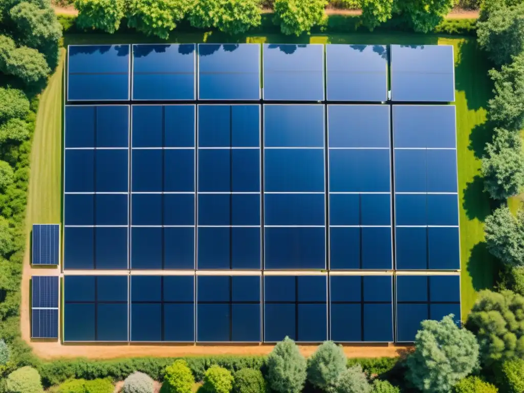 Instalación de paneles solares comunitarios en armonía con la naturaleza, con paneles relucientes bajo el sol