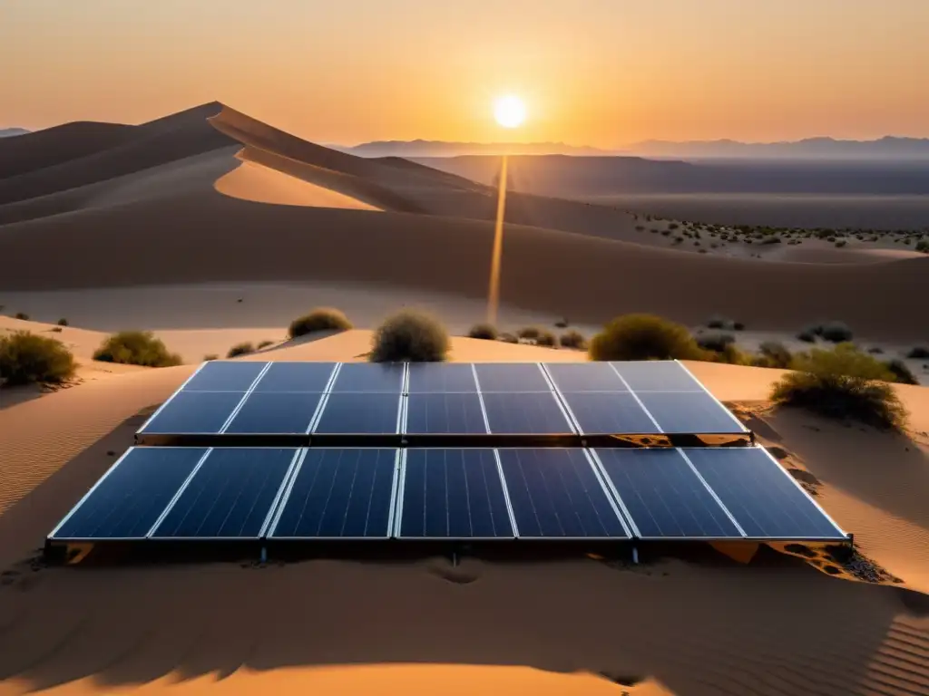 Instalación de paneles solares en un desierto al atardecer, destacando la importancia de la energía solar en la conservación del agua