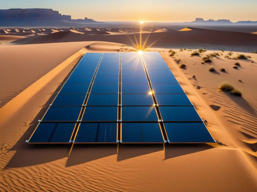 Instalación de paneles solares en el desierto, desafíos ambientales energía solar, cielo azul y arena dorada