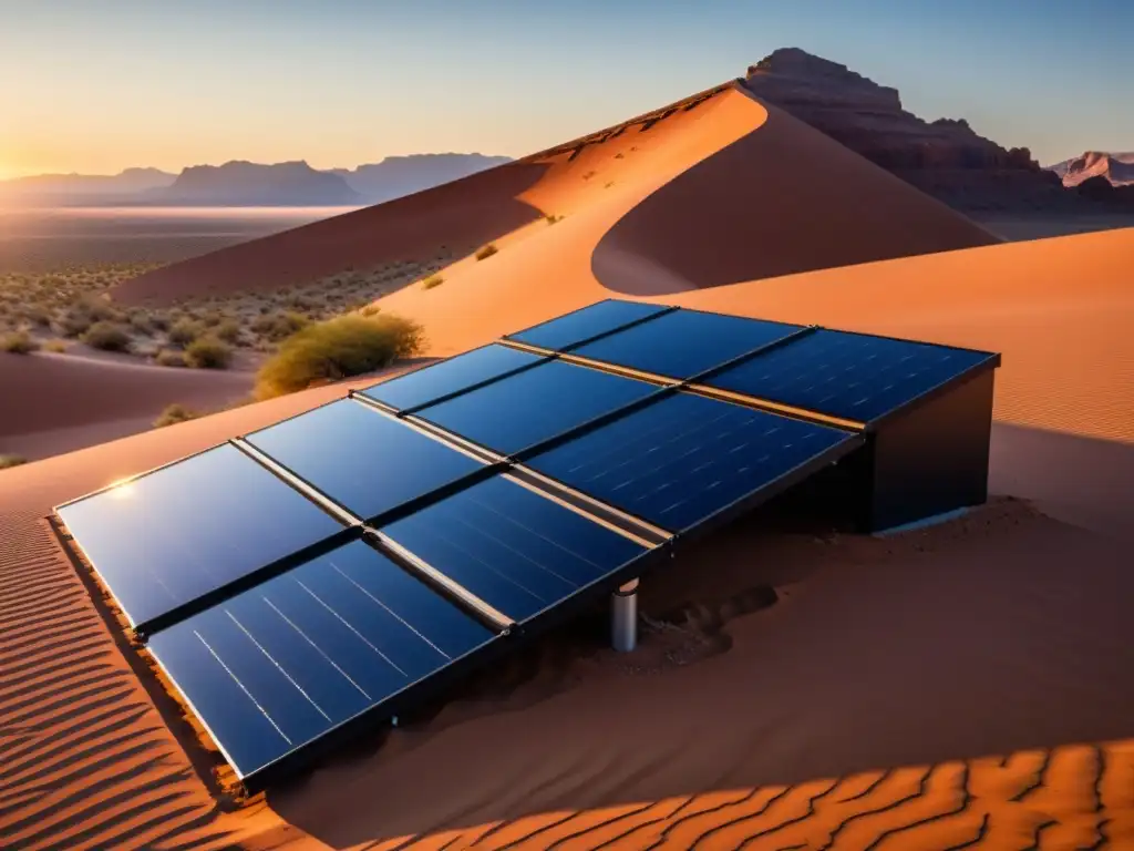 Instalación de paneles solares en el desierto, capturando la belleza del atardecer