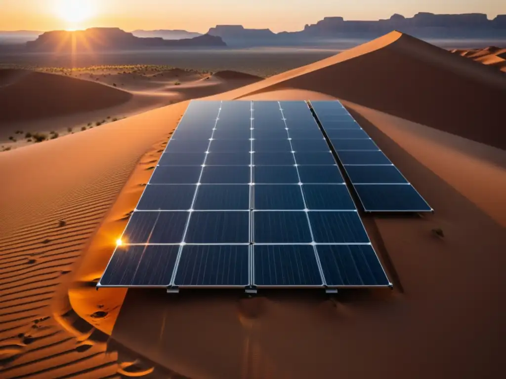 Instalación de paneles solares en el desierto, capturando la importancia de la energía solar en áreas remotas y sensibles al medio ambiente