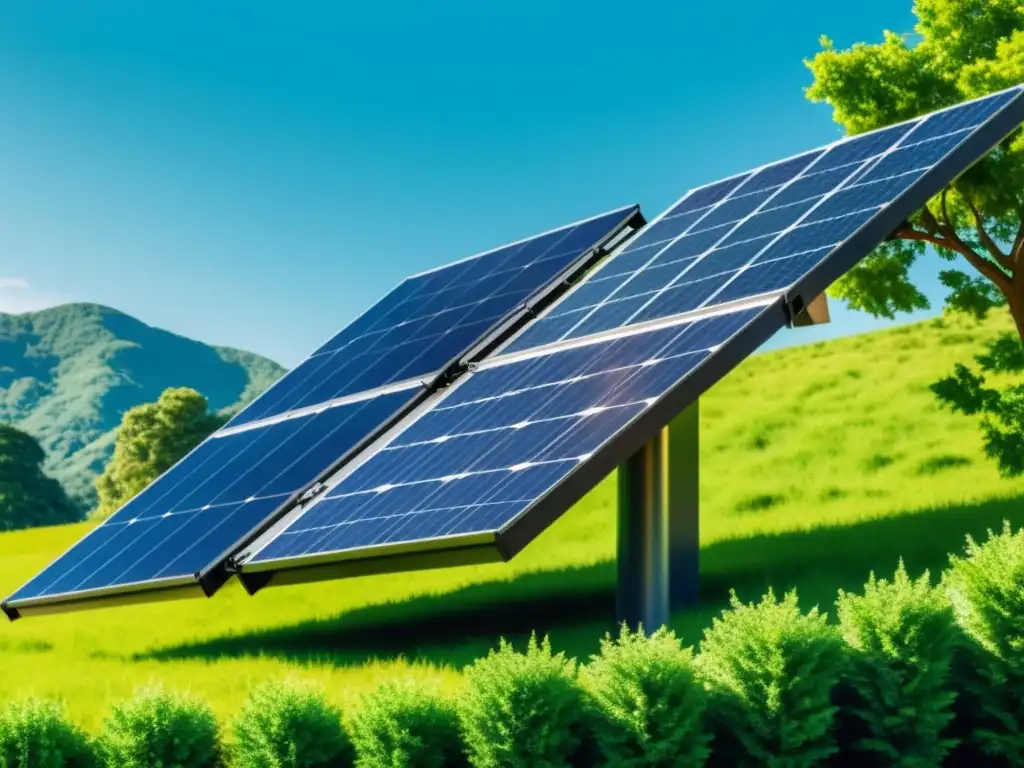 Una instalación de paneles solares, con un diseño moderno y un fondo de exuberante vegetación