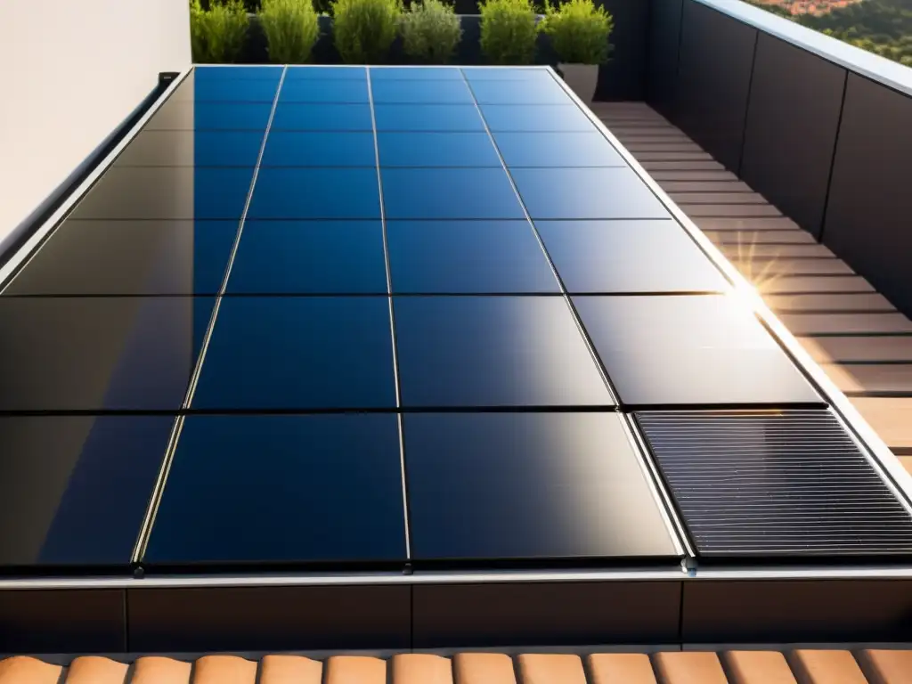 Instalación de paneles solares en espacios reducidos: paneles solares negros en terraza con diseño elegante y eficiente, capturando la luz solar