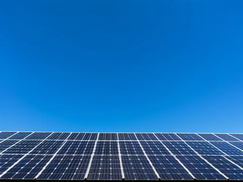 Instalación de paneles solares en filas ordenadas, brillando bajo el cielo azul