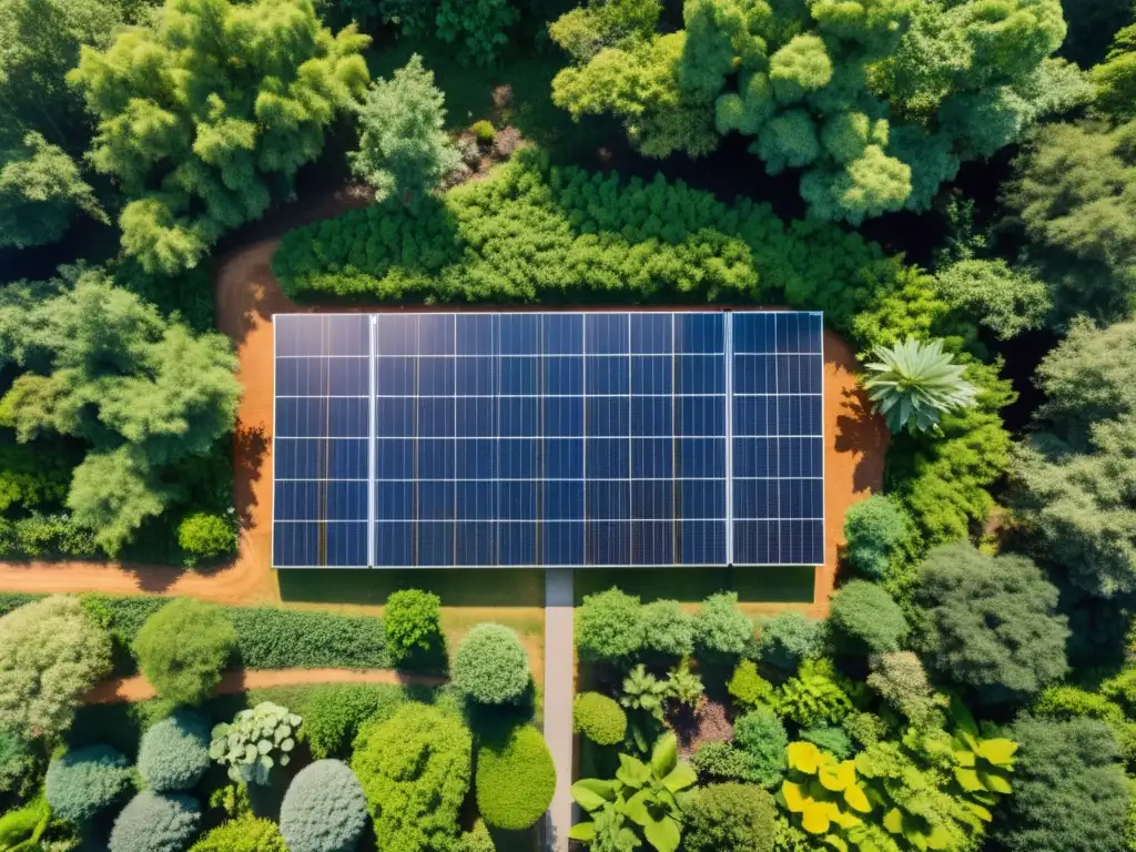 Instalación de paneles solares en armonía con la biodiversidad, reflejando su impacto positivo en el entorno natural