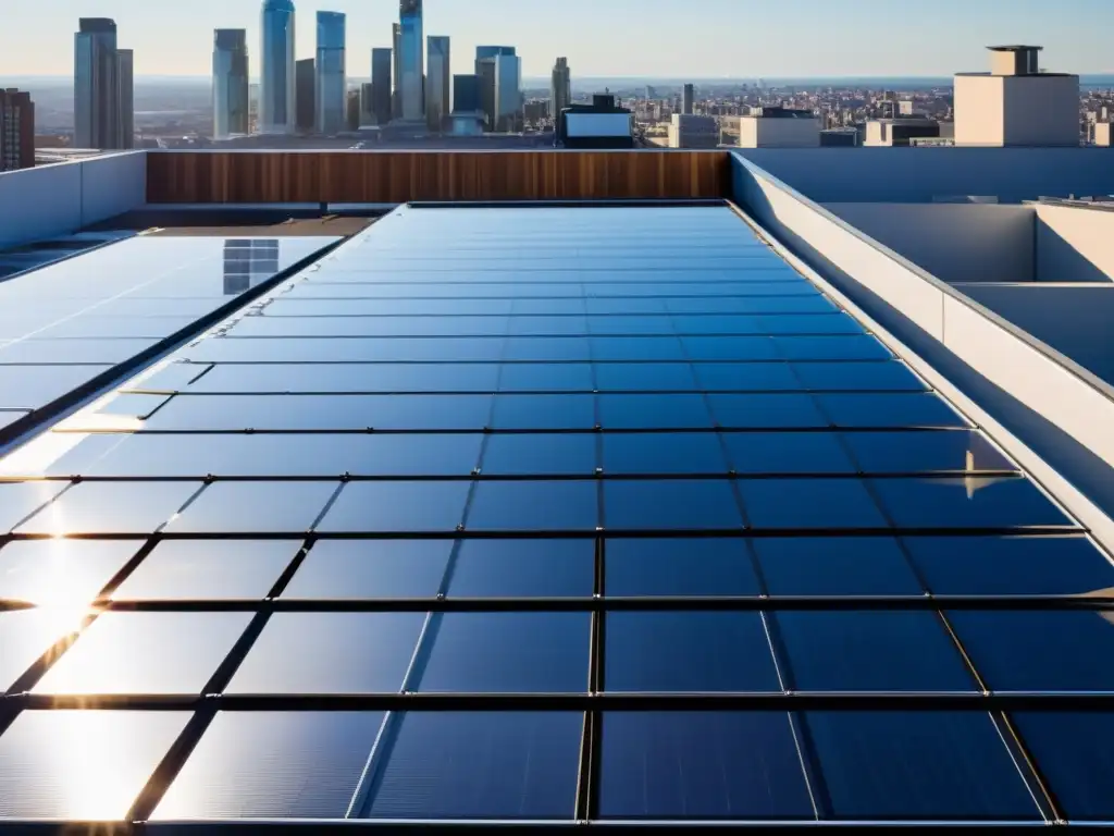 Instalación de paneles solares moderna en edificio urbano, reflejando la ciudad en su superficie vidriosa