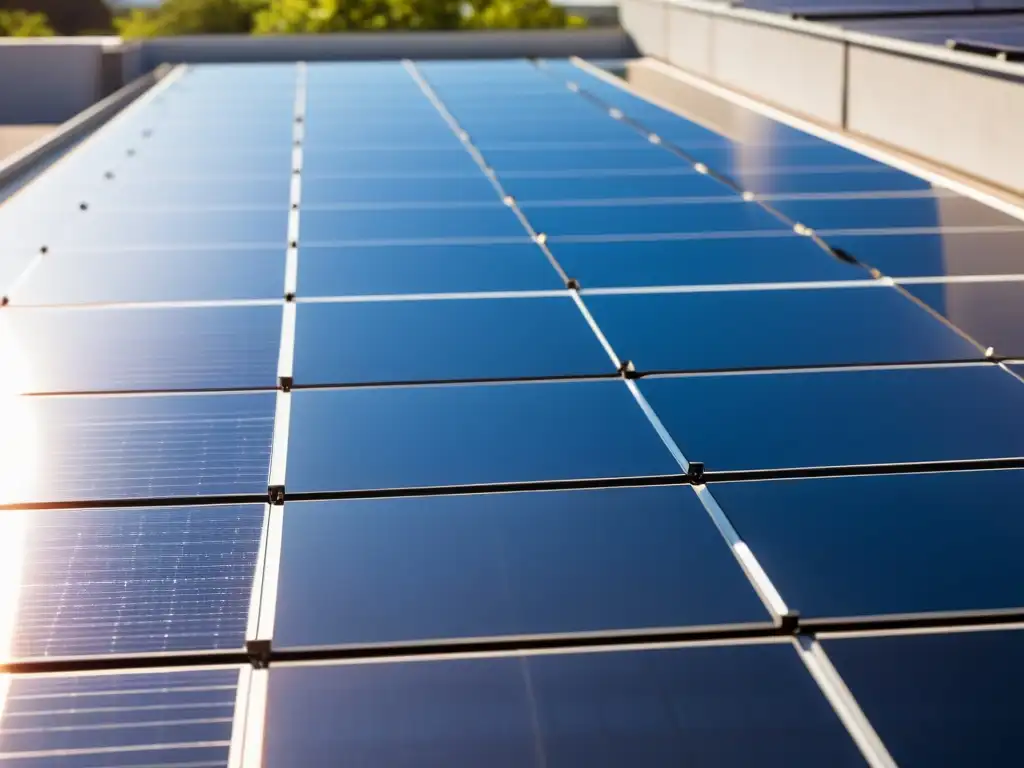 Instalación de paneles solares modernos en tejado plano, reflejando la luz del sol y proyectando sombras intrincadas